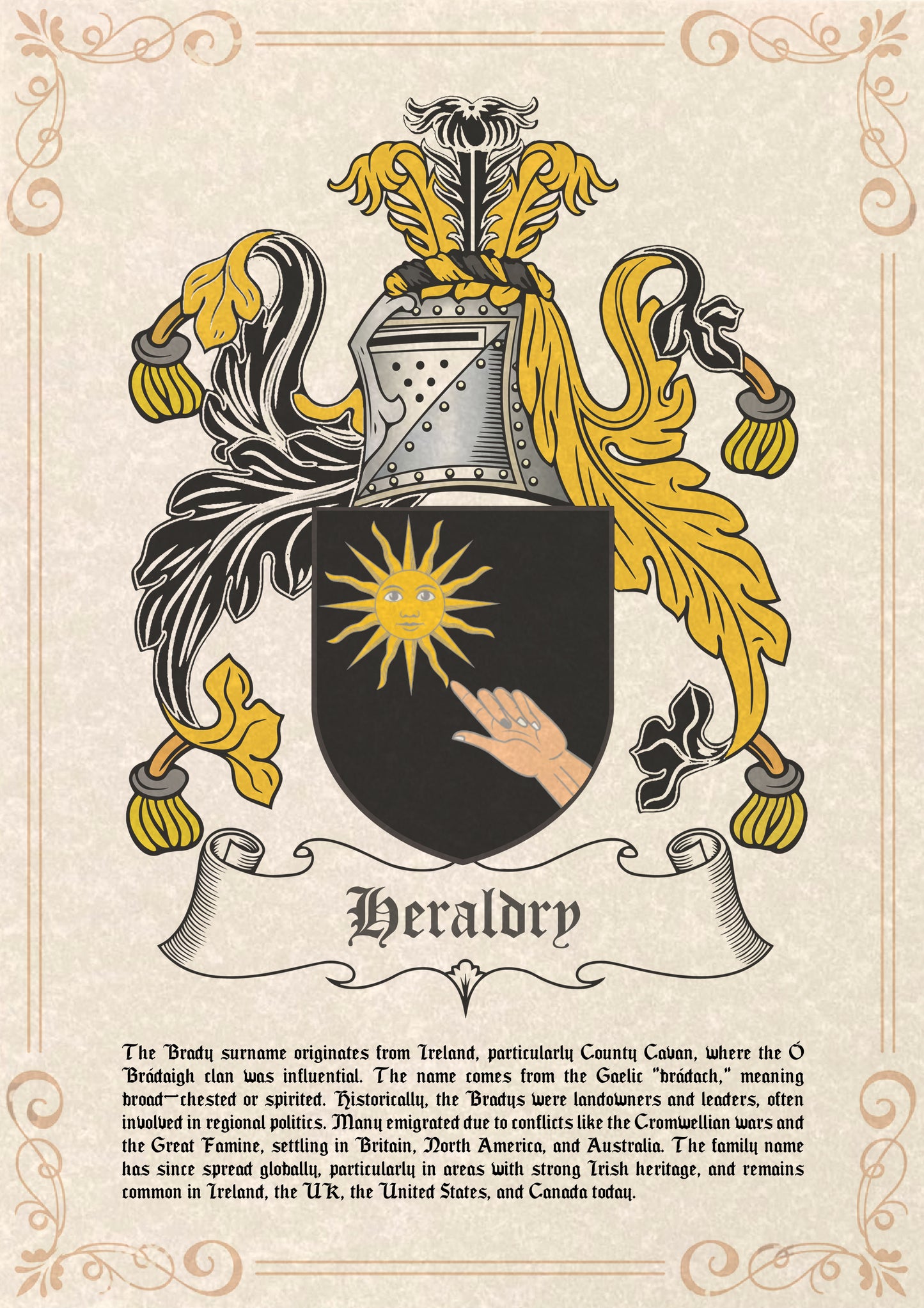 Family Coat of Arms Certificate, including family history text. A4 or A3 parchment paper.