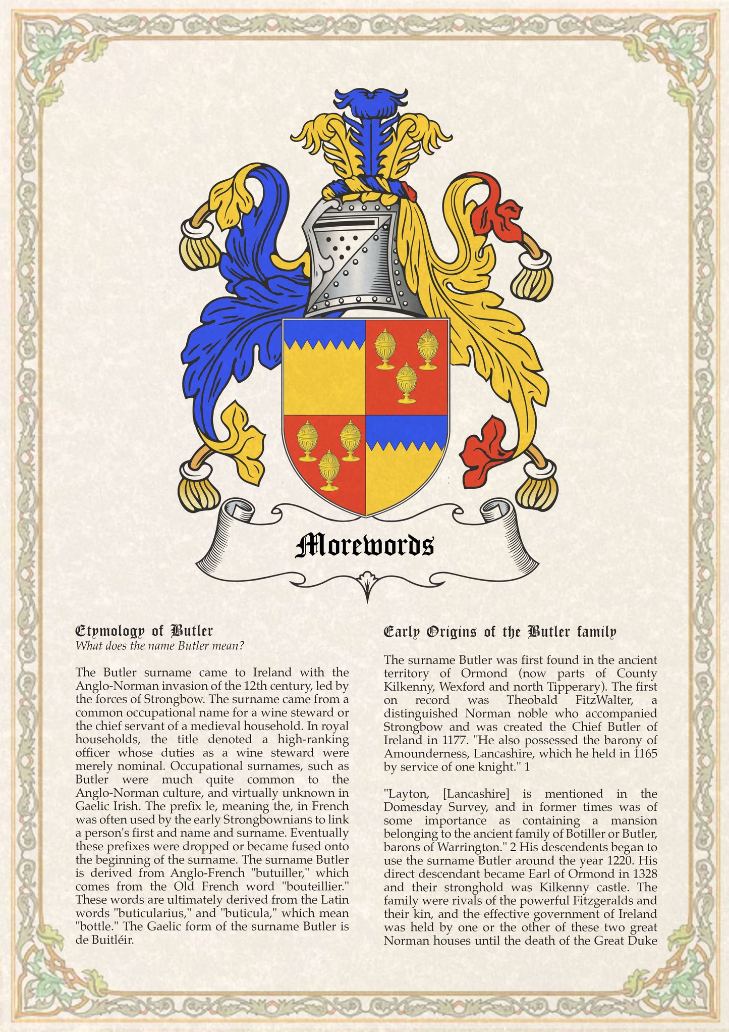 Family Coat of Arms Certificate, including family history text. A4 or A3 parchment paper.