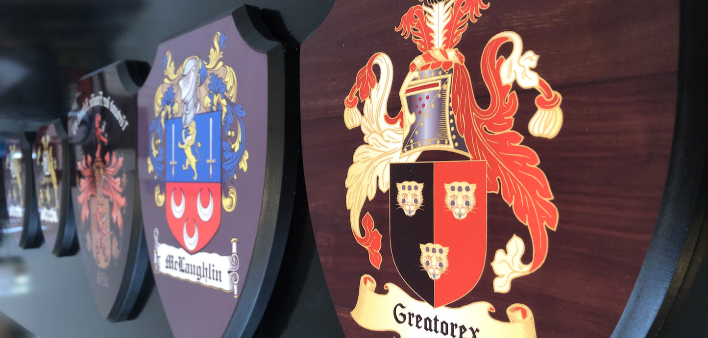 Heraldic Coat of Arms, Wooden Shield Plaque. Traditional Family History.