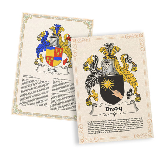Family Coat of Arms Certificate, including family history text. A4 or A3 parchment paper.